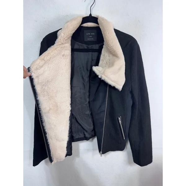 Love Tree Faux Fur Trim Biker Jacket Women Large Black‎ Moto Asymmetrical Zip - Image 5