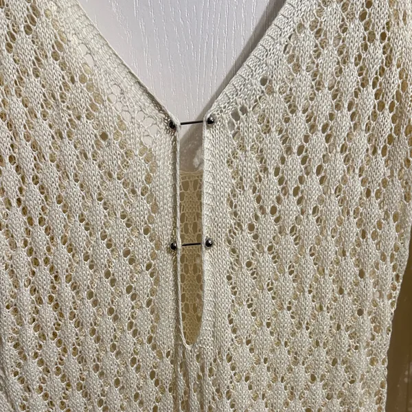Cream Boho Sheer Knit Lightweight Long Sleeve Midi Dress Cover Up Cottagecore - Image 4