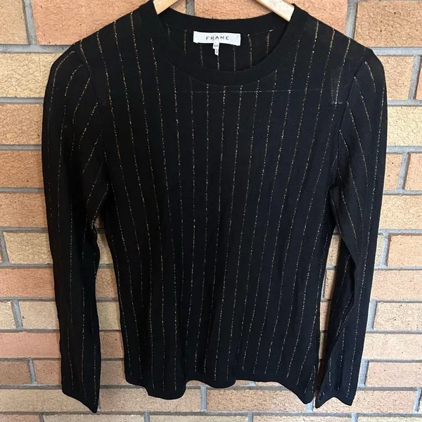 FRAME Striped Metallic Wool-blend Long-sleeve Top Black & Gold Size Small - Image 3