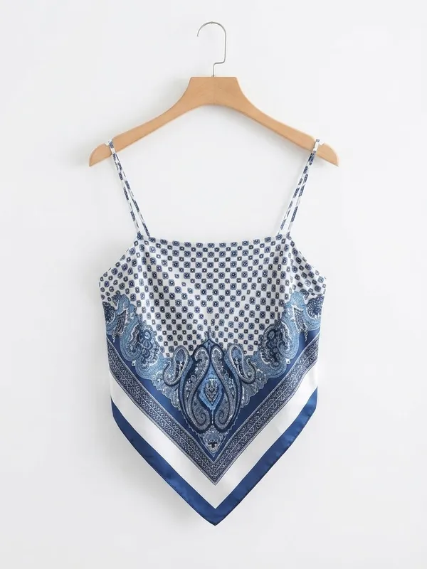 Zara Paisley Scarf Print Tie Back Handkerchief Cami Top Blue White XS-S NWT - Image 2