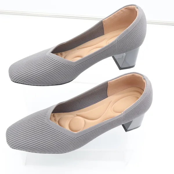 Gray Ribbed Knit Block Heel Pumps Square Toe Cushioned Insole Size 41 - Image 2