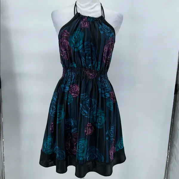 DKNY Jeans Black Fabric Floral Silk Satin Halter Dress Backless Dress Size Large - Image 3
