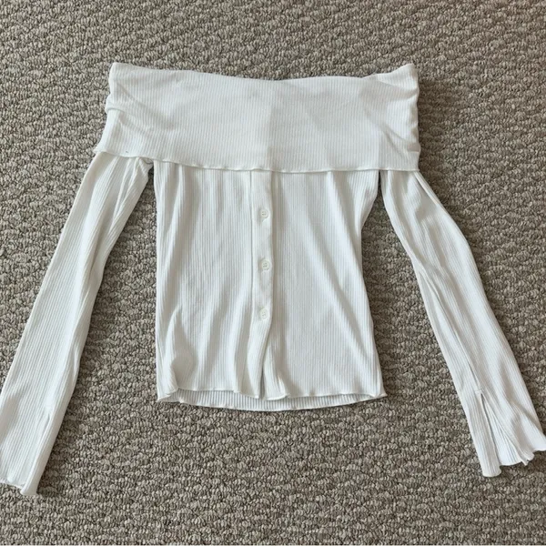 Princess Polly White Ribbed Off-Shoulder Top - Image 3