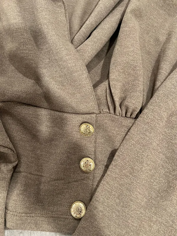 Liore Taupe Button-Front Blazer Top with Pants Size L Set - Image 2