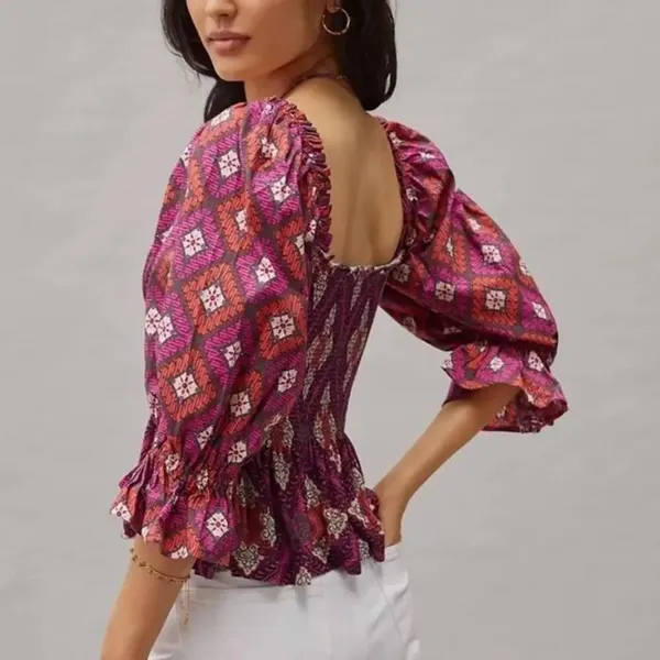 Conditions Apply Smocked Puff Sleeve Top Small Boho‎ Geometric Peplum Peasant - Image 2