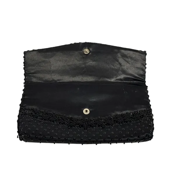 Vtg‎ Black Beaded Satin Evening Clutch Micro Bead Flowers Snap Close Hong Kong - Image 7