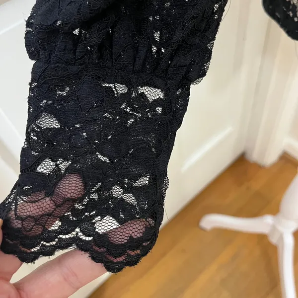 Black Lace High Neck Blouse L Sheer Floral Dark Academia Romantic Victorian Goth - Image 3