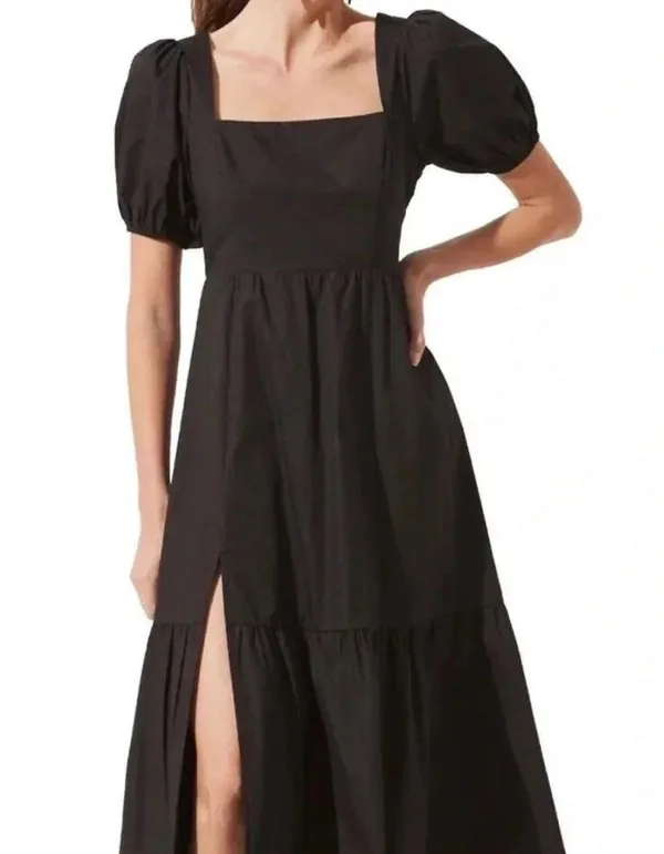 the Label Poplin Puff Sleeve Tiered Midi Dress Black - Size Small - Image 3