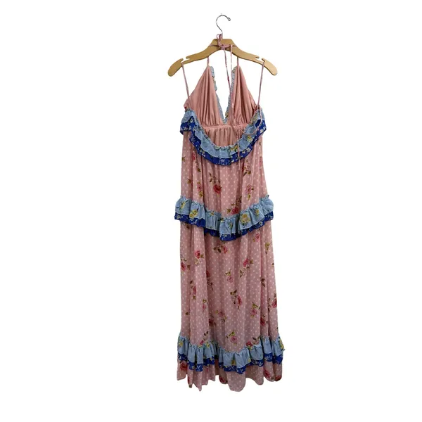 Faeriesty Pink Floral Tiered Halter Maxi Dress Ruffle Cottagecore XL Rose Print‎ - Image 4