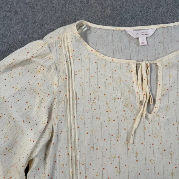 Lauren Conrad LC Size Small Cream Moon Star Pintuck Tie Neck Blouse Top Ruffle - Image 5