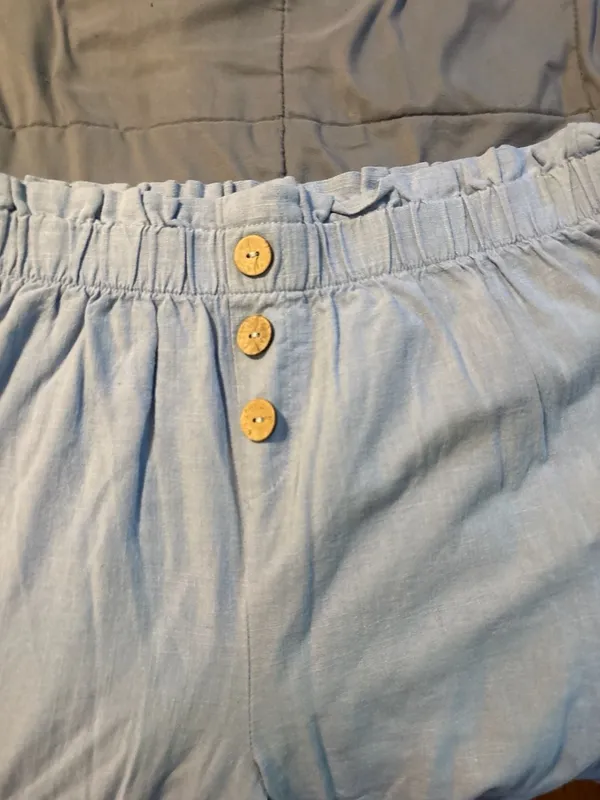 Como Vintage Paperbag Waist Linen Blend Button Fly Pants in Light Blue - Image 3
