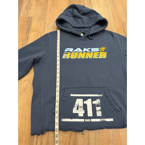 RAKS Runner Cropped Hoodie Women's Medium‎ Blue Raw Hem Graphic Sweatshirt - Image 8