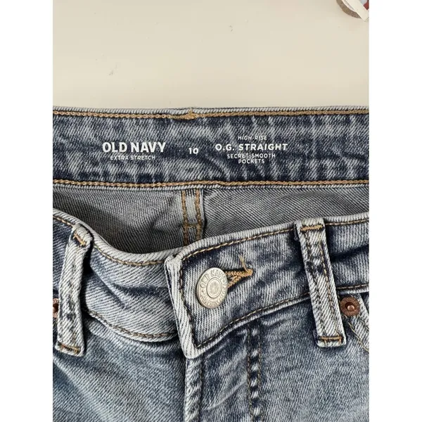 Old Navy High Rise OG Straight Jeans 10 Distressed Medium Wash‎ Raw Hem NWT - Image 4