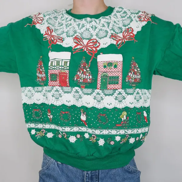 Vintage 80s Puffy Print Green Christmas Sweatshirt - Image 2