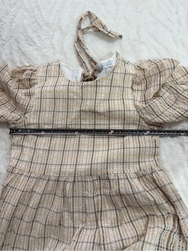 English Factory Plaid Puff Sleeve Tiered Midi Dress Small Neutral Cottagecore - Image 5