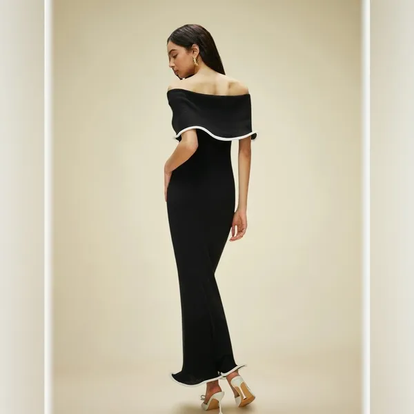 COMMENSE Color Block Off-Shoulder Ruffled Knit Dress- Black, Medium NWT Sold Out - Image 2
