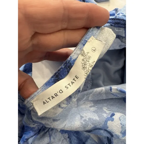 Altar'd State Women's size Large Blue Floral Linen Blend Fit Flare Dress V Neck - Image 6