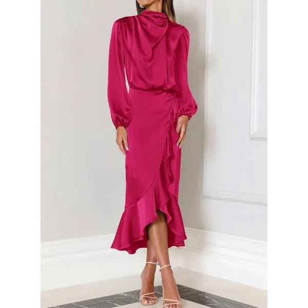 NEW Satin Mock Neck Cocktail Midi Dress Wrap Ruched Ruffle M - Image 3