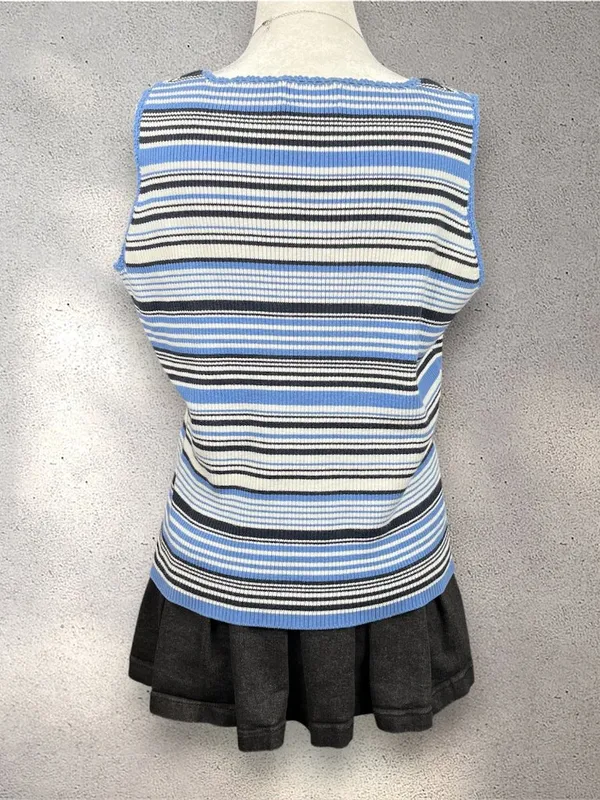 VTG St. John's Bay Top Women's L Blue Striped Sleeveless Fairy Indie Grunge Y2K - Image 2