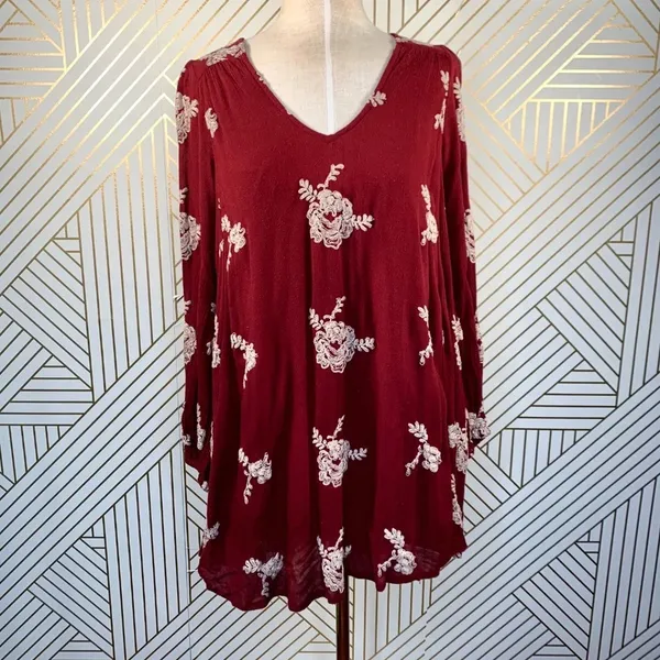 Free People Embroidered Austin‎ Mini Dress Maroon - Image 3