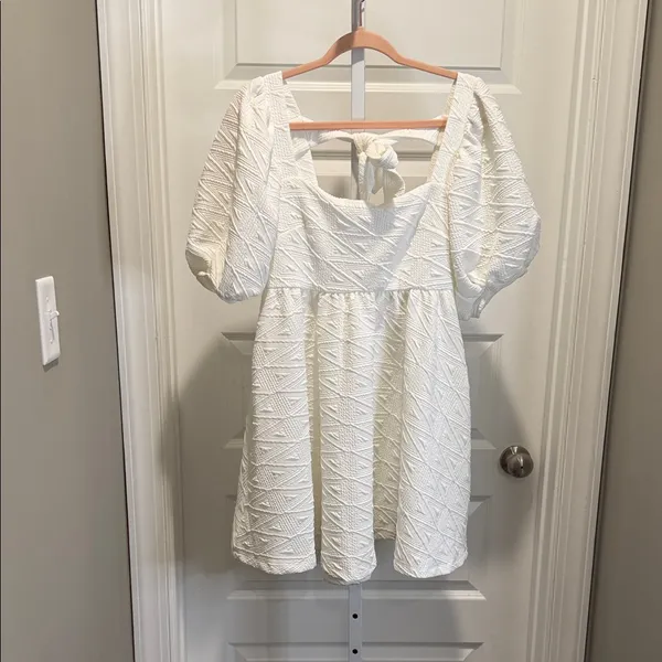 Free People Violet‎ Mini Dress White Puff Sleeve Bow Back NWT M - Image 3