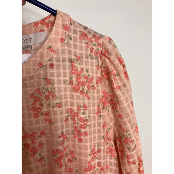LOFT Dress Womens Medium Peach NWT Floral Tiered Ruffle Cotton Long Sleeve Mini - Image 4