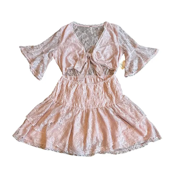 Free People Lala Dawn Rose Pink Lace Mini Dress Cutout Tie Front Size Large NWT - Image 3