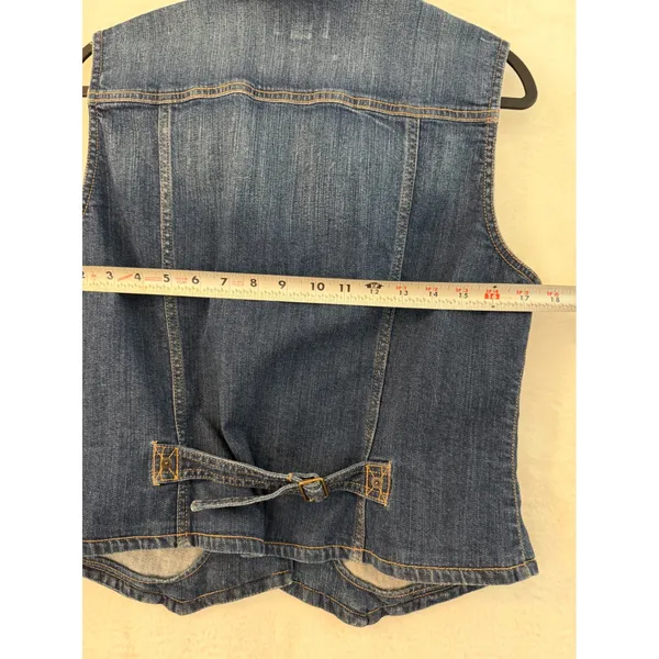 Chaps Denim Vest Womens L Blue Jean Button Front Cinch Back Stretch Medium Wash - Image 6