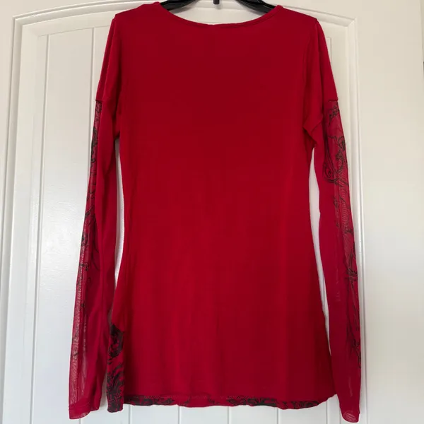 Y2K Gothic Rhinestone Fleur-de-Lis Mesh Sleeve Top ❤️ Red & Black Baroque | Mi Manchi Small - Image 6