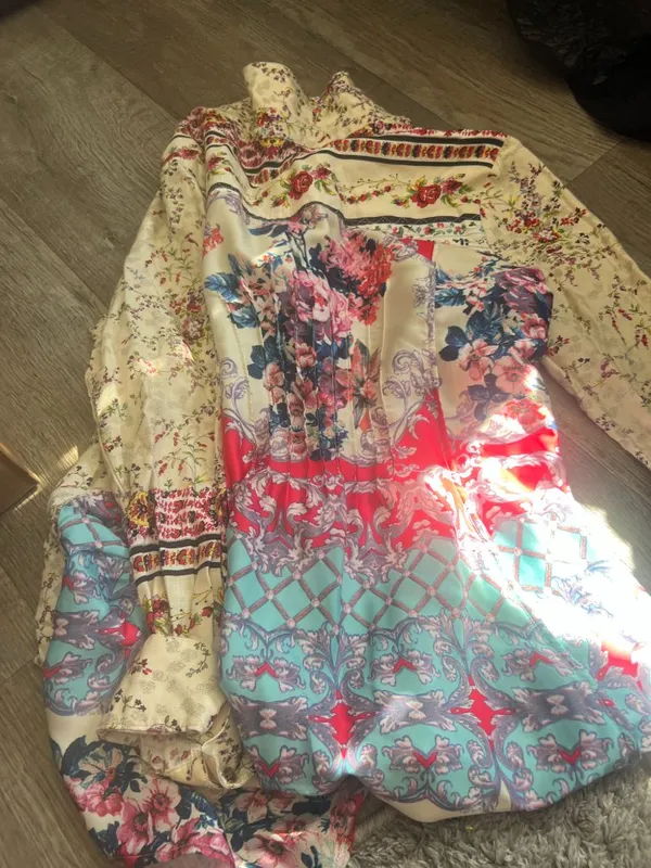Anthropologie Cyrena Mixed Floral Print High Lo Button Down Linen Blend Top L - Image 11
