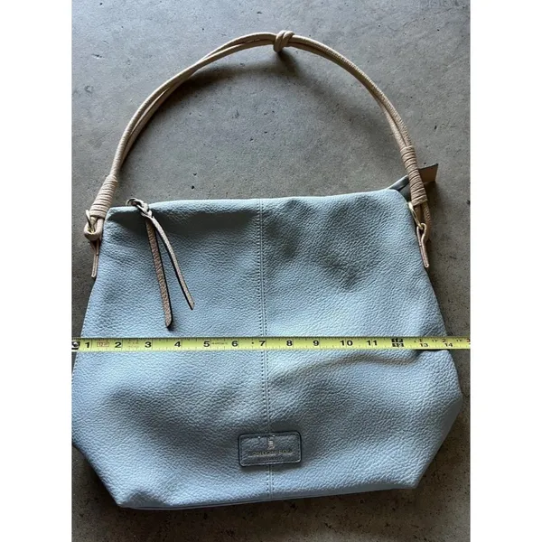 London Fog Travel Bag Houndstooth Brwn Barrel Duffle Leather Light Blue Bag - Image 6