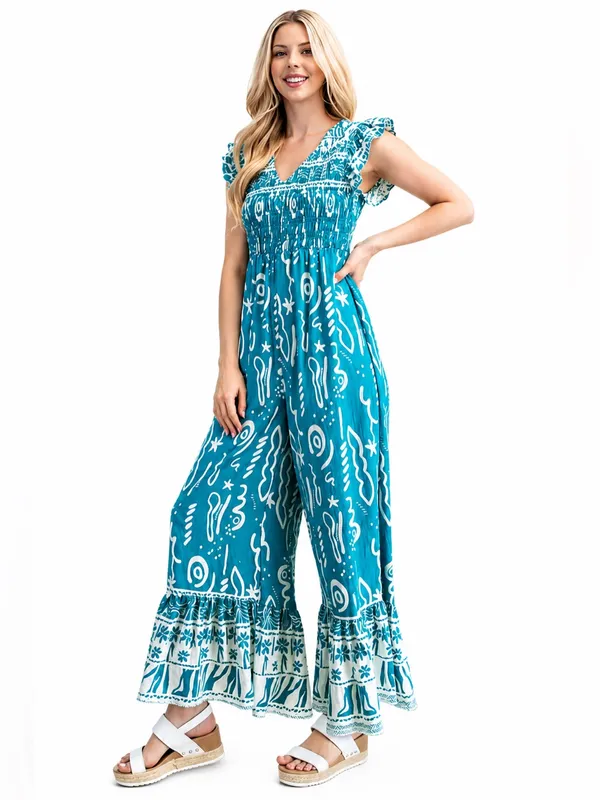 Boutique Turquoise Boho Wide Leg Jumpsuit Resort Vacation Beach Outfit - Image 6