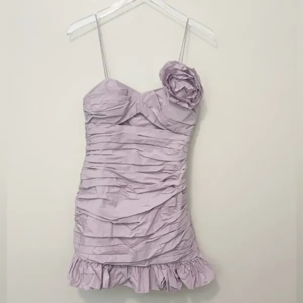 LOVESHACK FANCY Jessilyn Ruched Rosette Ruffle Hem‎ Mini Dress in Lavender XS - Image 3
