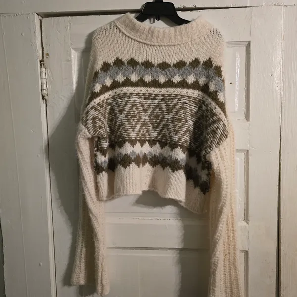 Free People Cream & Brown Patterned Crewneck Sweater - Image 2