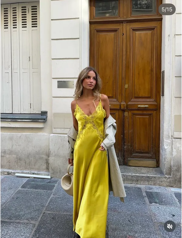 Zara Lace-Trim Slip Satin Maxi Dress in Mustard Chartreuse Yellow - Image 7