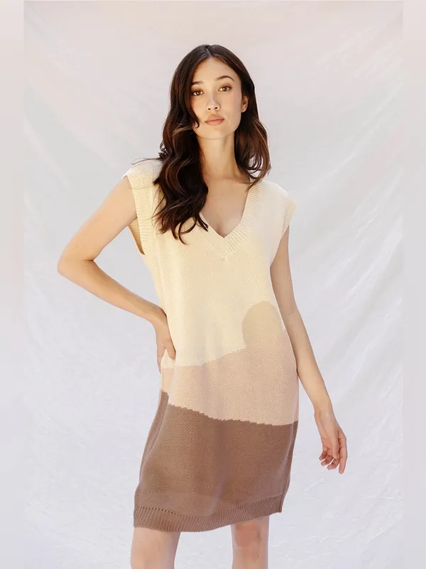 Miss Sparkling Sunset Cream Beige Brown Colorblock V Neck Knit Sweater Mini Dres - Image 2