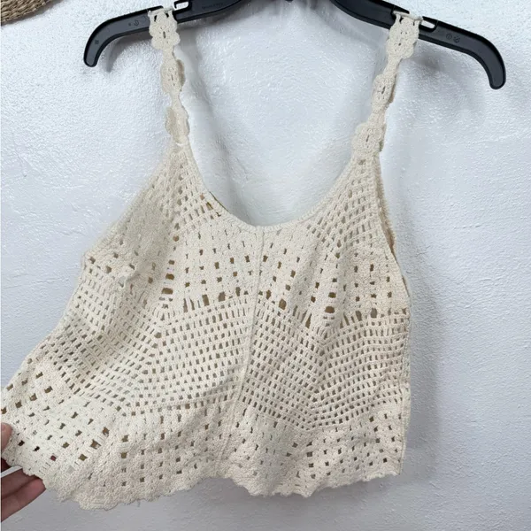 Rebellion Again Tank Top Womens XS Ivory Crochet Knit Crop Boho Festival - Image 2