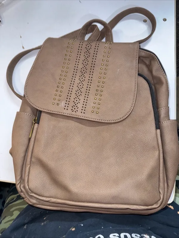 Chocolate Brown Large Backpack Purse w/ Decorative Nailheads - Image 4