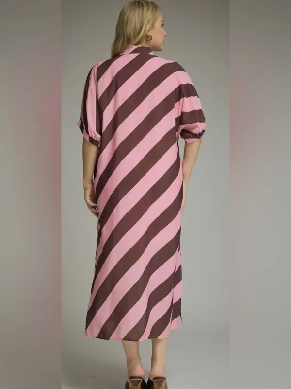 New!Entro Boutique Pink & Brown Pocket Diagonal Stripe Midi Dress Size 2X - Image 4