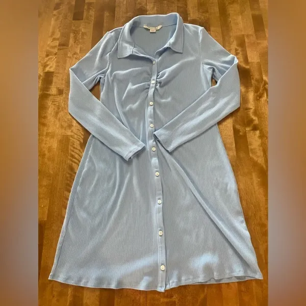 AMERICAN EAGLE Ribbed Knit Long Sleeve Midi Button Up Dress Baby Blue‎ XL - Image 3