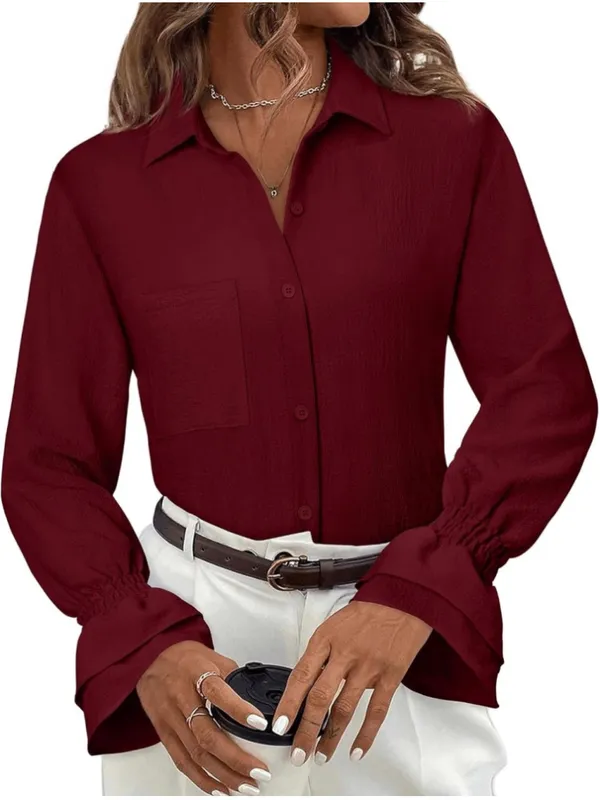 NEW Oversize Button Down Shirt Smocked Boyfriend Long Sleeve Ruffle Blouse L - Image 5