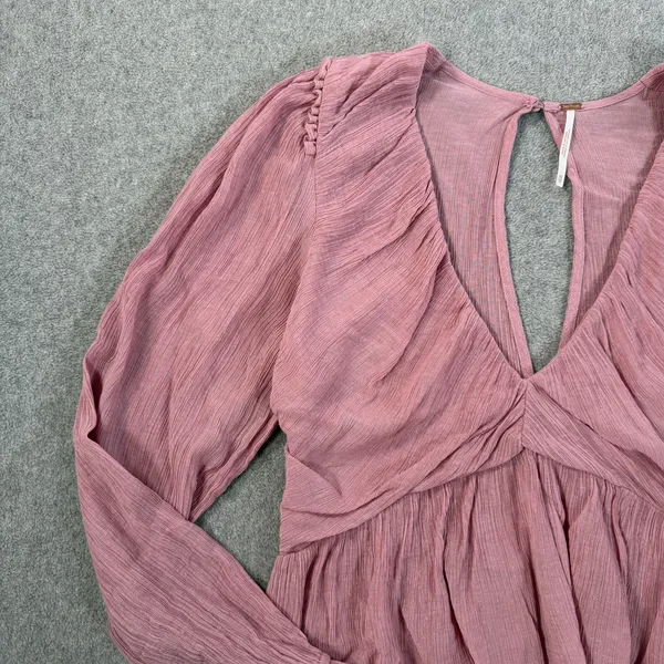 Free People Women's XS Pink Ruched Deep V-Neck Daia Top Peplum Long Sleeve - Image 3