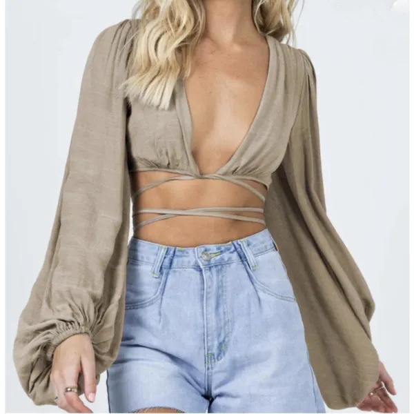 Princess Polly Cropped Top Womens 2 Beige knit Long Sleeve Boho Tie Waisted - Image 3