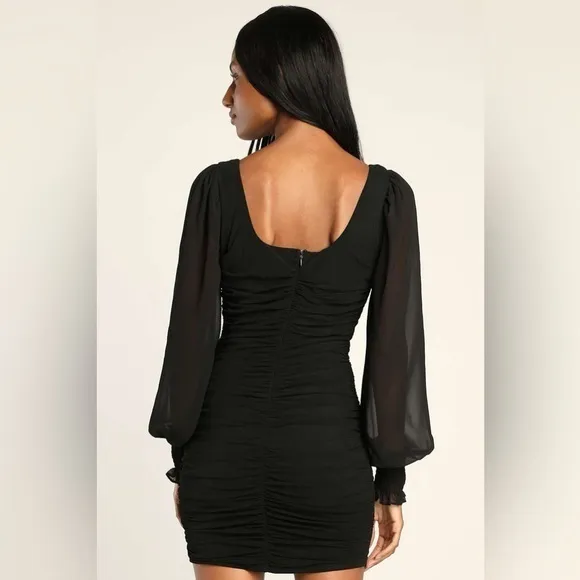 NEW lulus Perfect Sensation Black Mesh Ruched Puff Sleeve Mini Dress Sz Small - Image 6