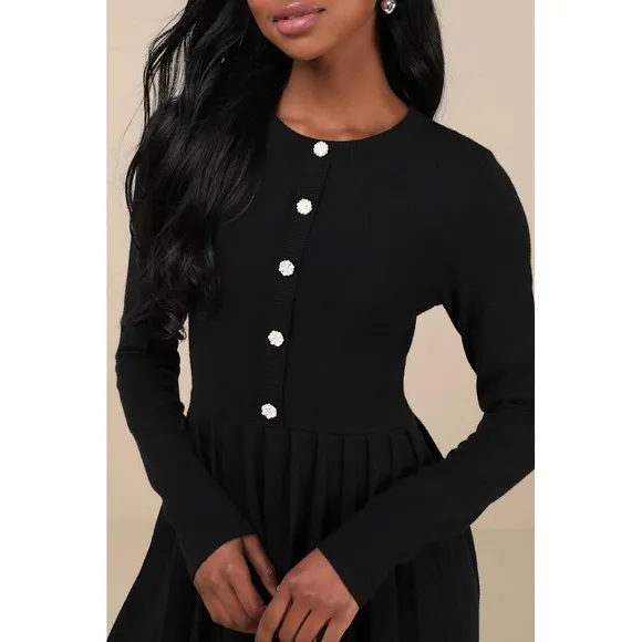Lulus Black Ribbed Knit Button Front Pleated Skirt‎ Dress Size M - Image 4