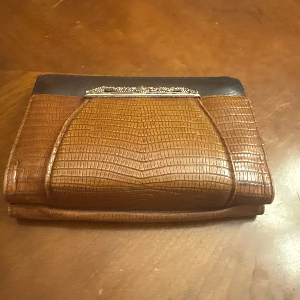 Brighton wallet Vintage Black Leather Brown faux reptile Clutch check - Image 4