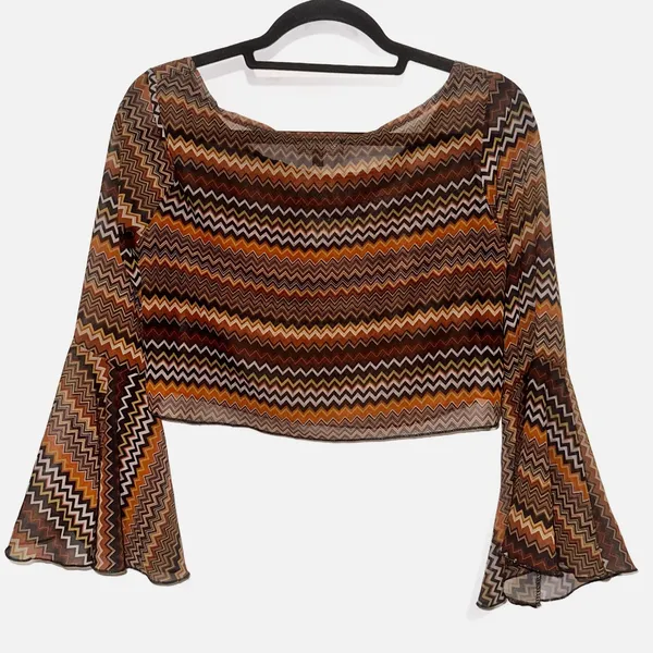LOVE Retro Crop Top Long Sleeve Geometric Bell Sleeves Sheer Orange Gold Small - Image 4