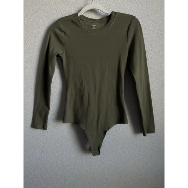 Nuuds Long Sleeve Cotton Jersey Crew Neck Thong Style Bodysuit Dark Olive Size M - Image 9