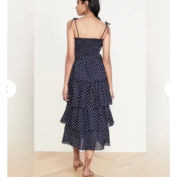 Tory Burch Printed Ruffle Dress Polka Dot Smocked Midi Navy White NWT Size M - Image 3