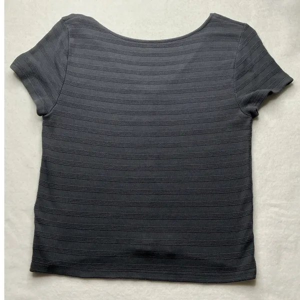 American Eagle Womens Large Dark Gray Ribbed Short Sleeve Button Front Top - Image 2